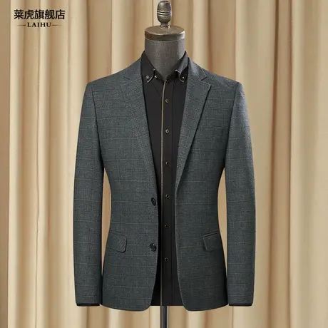 格子小西服上衣男士2020秋季新款时尚修身中年爸爸休闲西装外套男图片