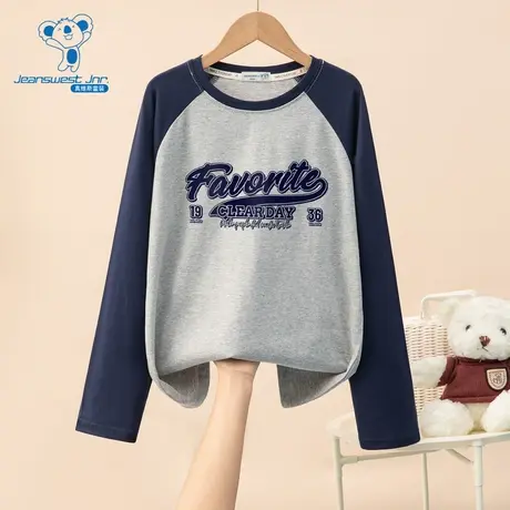 KW真维斯女童装纯棉长袖T恤春季新款圆领时尚撞色插肩袖上衣商品大图