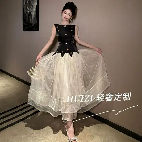 甜美初恋设计师款无袖一字领连衣裙女网纱拼接高级感优雅公主长裙图片