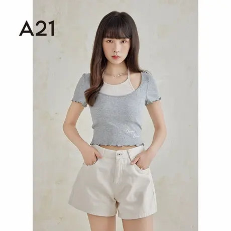 A21女装印花显瘦假两件短袖T恤设计感撞色做旧上衣商品大图