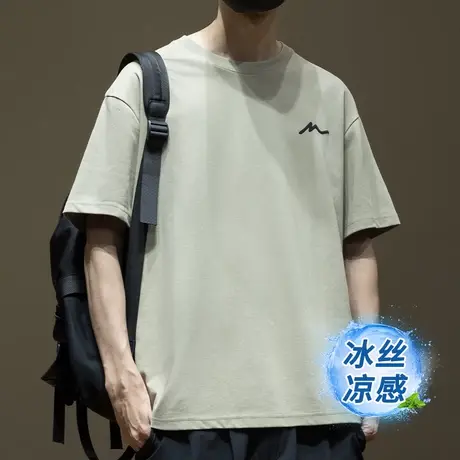 冰丝棉凉感印花短袖T恤男2025夏季新款宽松大码五分袖休闲体恤衫商品大图
