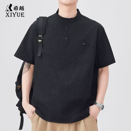 纯色翻领短袖衬衫男2025新款T恤衫高级感宽松舒适衬衣三粒扣上衣商品大图