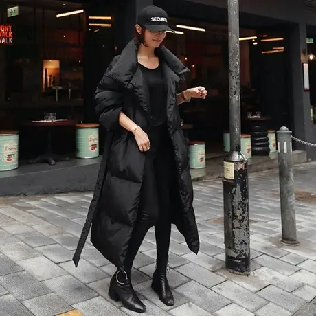 连帽系带棉衣女宽松大码面包服韩版加厚过膝长款羽绒棉服大码棉袄图片