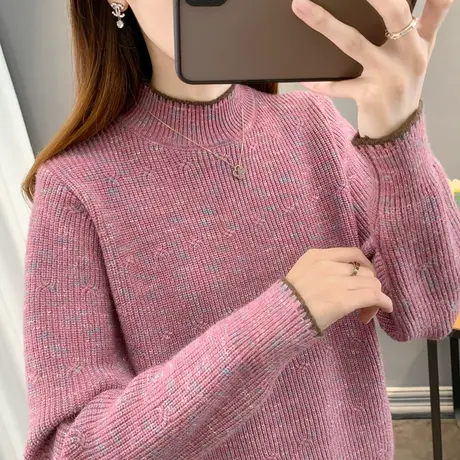 女士冬款半高领针织衫2023年新款宽松上衣打底衫内搭爆款拼色毛衣商品大图