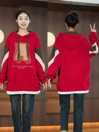 2023秋新款假两件连帽宽松休闲显瘦中长款卫衣女字母过臀印花上衣图片