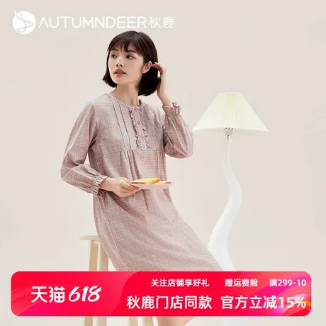 秋鹿撞色格子花边长袖睡裙女秋季梭织纯棉连衣裙居家圆领中裙秋款商品大图