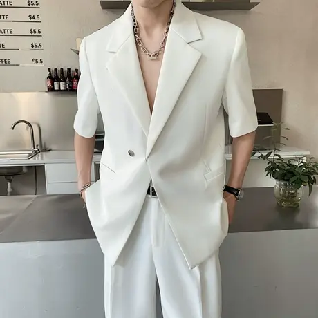 夏季宽松法式轻奢西服男短袖潮流时尚痞帅隐藏扣设计半袖西服套装商品大图