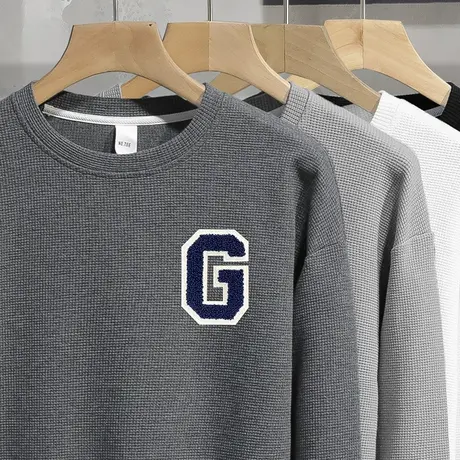 华夫格圆领卫衣男2023新款秋季宽松套头无帽上衣长袖t恤潮流百搭商品大图