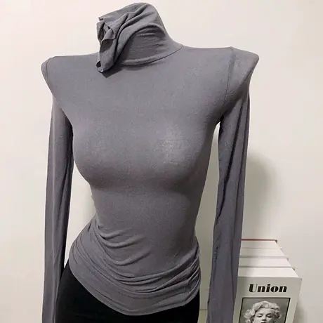 秋冬打底衫超鸡好搭配~高领堆堆领薄款微透修身套头T恤女堆堆袖新图片