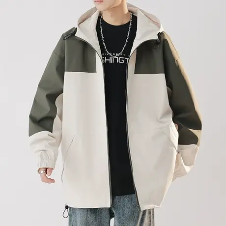 港风拼色夹克男士春秋款潮牌宽松连帽外套青少年休闲户外冲锋衣服商品大图