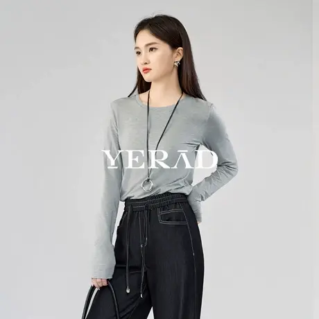 【莱赛尔】娅丽达软糯含羊毛圆领长袖T恤女2025秋季新款正肩体恤商品大图