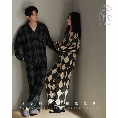 妮狄娅情侣睡衣女秋季柔软棉长袖开衫款男时尚休闲春秋家居服套装商品大图