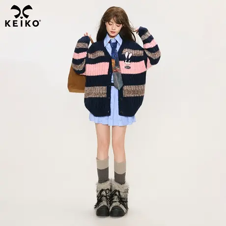 KEIKO 少女感粉色条纹针织开衫女25秋季慵懒宽松羊毛混纺毛衣外套商品大图
