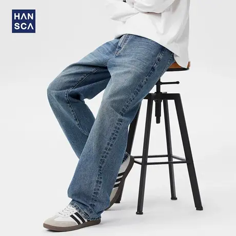 hansca美式复古宽松水洗牛仔裤男2025秋季新款蓝色休闲大码长裤子商品大图