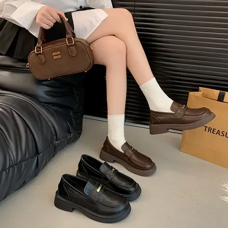 学院风气质乐福鞋女2025秋季新款粗跟一脚蹬小皮鞋小个子增高单鞋商品大图