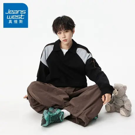N5真维斯男士卫衣2025新款秋季美式宽松翻领撞色拼接男生春秋上衣商品大图