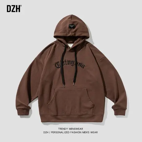 男士美式刺绣卫衣男春秋连帽咖啡色男款上衣情侣装2023新款连帽衫图片