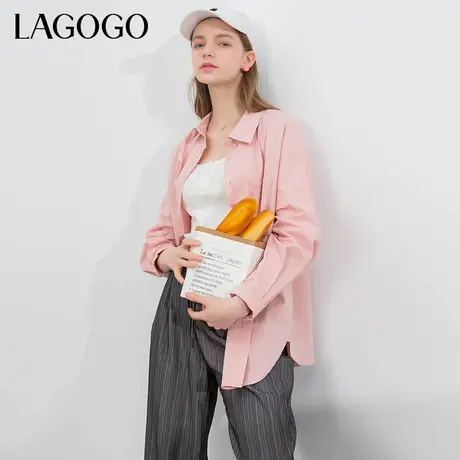 LAGOGO粉色纯棉衬衫女拉谷谷春夏新款宽松甜美长袖纯色多巴胺外套商品大图