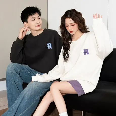 唐狮新款情侣卫衣百搭黑色圆领字母印花套头卫衣小众潮流insTMTA图片