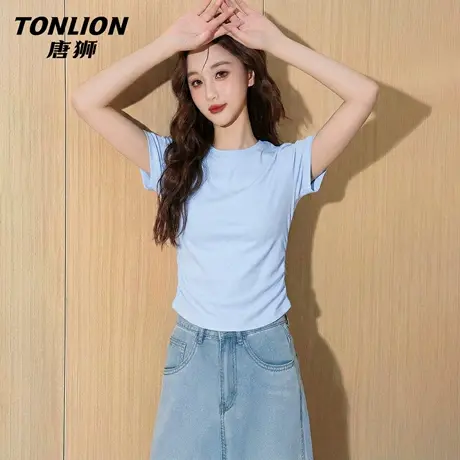 唐狮官方正肩修身短袖t恤女2026新款夏季女士收腰抽褶短款上衣VB商品大图