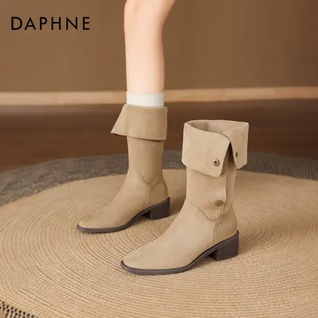 达芙妮2026冬季新款中筒粗跟褶皱牛仔靴长筒靴骑士靴子堆堆靴女款商品大图