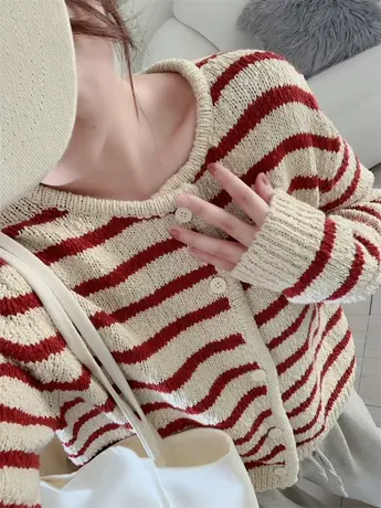 多巴胺条纹毛衣开衫女秋冬2023新款韩系宽松外穿软糯针织外套上衣商品大图