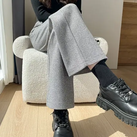 深灰色毛呢阔腿裤女秋冬新款高腰宽松垂感直筒加厚呢子九分休闲裤图片