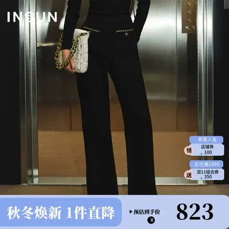 恩裳COVER2023冬装新款复古香风编织金色链条装饰大气阔腿休闲裤商品大图