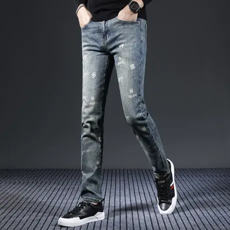 牛仔裤秋冬款男修身小脚裤蓝色2023新款潮牌印花痞帅男士裤子青年图片