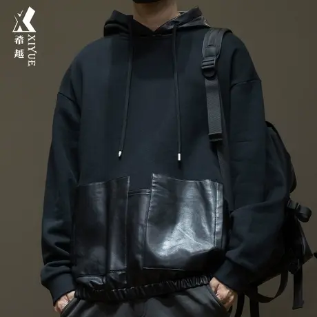 希越PU皮拼接重磅连帽男士纯棉卫衣宽松大码美式高级感秋冬季外套商品大图