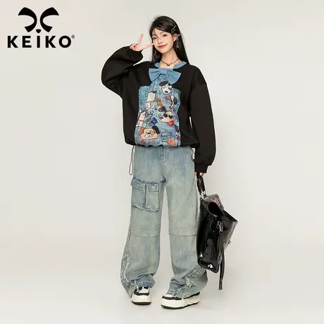 KEIKO 卡通小狗图案拼接卫衣2023秋冬小众设计款宽松休闲上衣外套商品大图
