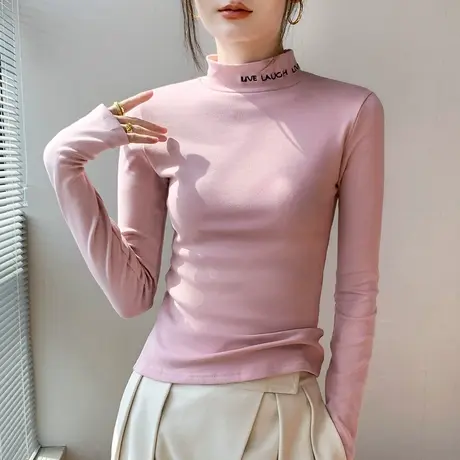 欧货半高领磨毛长袖打底衫女2023秋冬加绒修身正肩字母T恤上衣商品大图