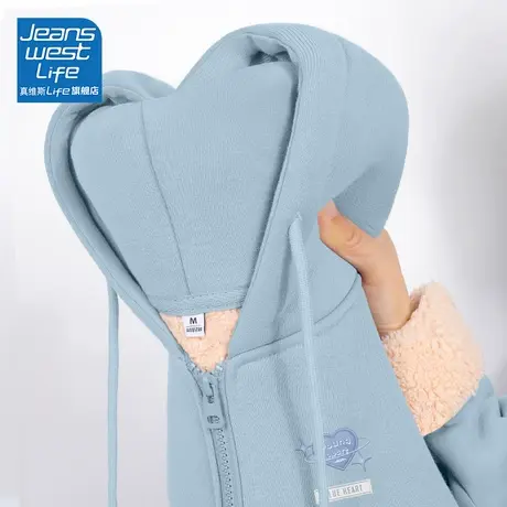真维斯LIFE奶蓝色外套女2023新款爆款秋冬加绒加厚羊羔绒拉链开衫商品大图
