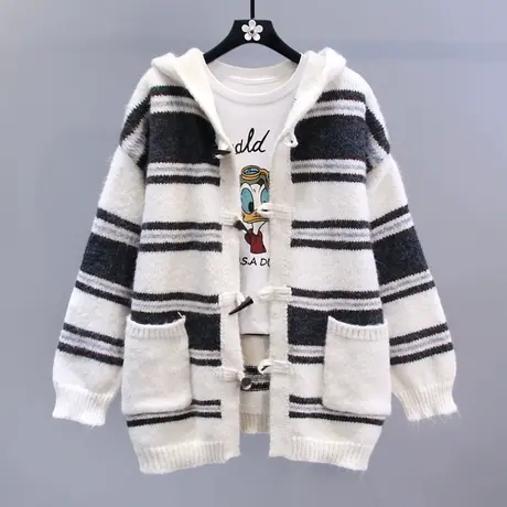 慵懒风牛角扣条纹连帽毛衣外套女秋冬2023新款宽松加厚针织开衫商品大图
