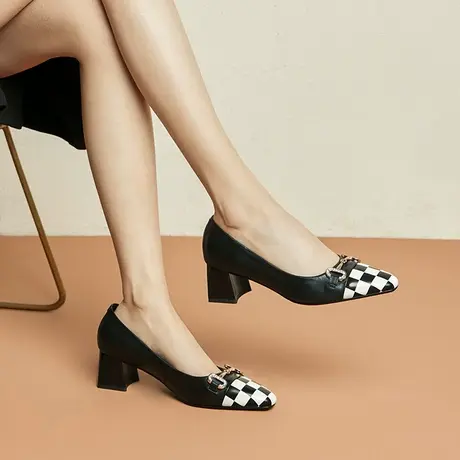 春秋新款单鞋女黑白格子纹拼接时尚欧美风杏头舒适软皮软底浅口鞋商品大图