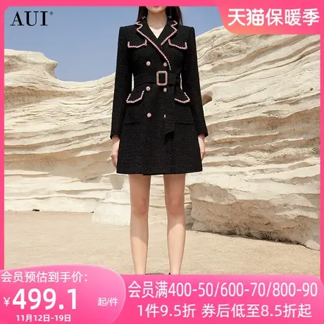 AUI黑色名媛气质小香风西装外套女2023冬新款中长款修身西服大衣图片