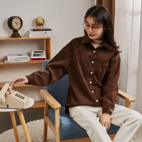 唐狮灯芯绒长袖衬衫女秋冬美拉德打底上衣叠穿设计感港风复古衬衫图片