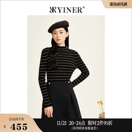 YINER音儿线上专选女装冬季纯绵羊毛条纹针织衫高级感套头上衣商品大图