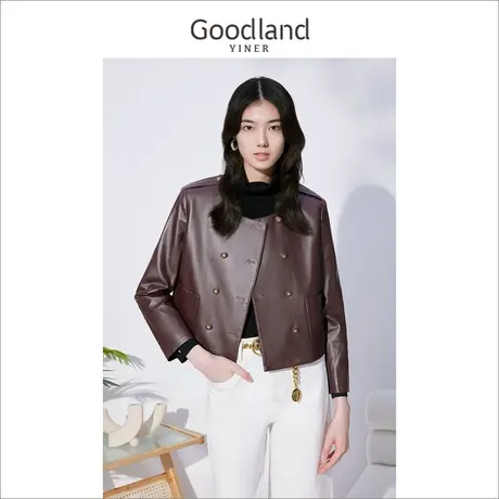 *【小香风】Goodland美地女装冬季复古短款夹克宽松pu外套女商品大图