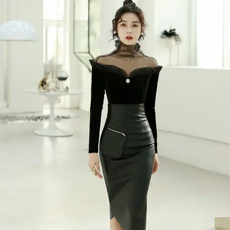 紧身小皮裙半身裙包臀秋季高腰显瘦设计感小众中长款PU皮一步裙子商品大图