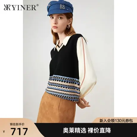 YINER音儿女装秋季新款衬衫袖拼接假两件针织衫商品大图