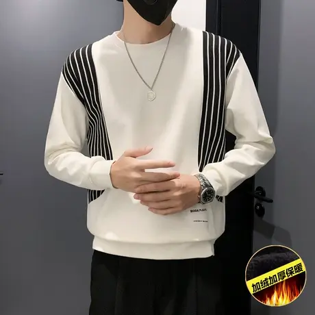 2024冬季时尚休闲条纹装饰个性潮牌长袖T恤加绒加厚男士卫衣外套商品大图