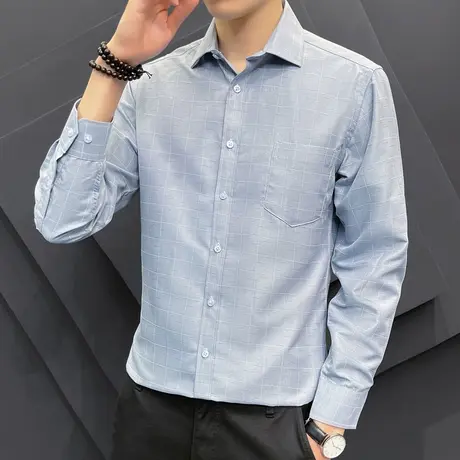 男士衬衫长袖冰丝秋季工装潮流衬衣寸衫外套男装休闲格子上衣帅气商品大图