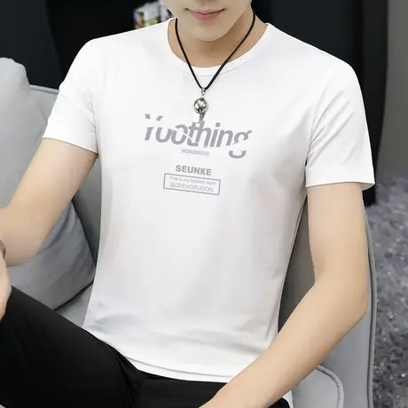 莫代尔白色t恤短袖男潮牌潮流夏季圆领上衣冰丝半袖男装简约百搭商品大图