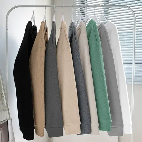 重磅华夫格卫衣男秋冬款加绒加厚无帽上衣服圆领长袖t恤潮流百搭商品大图