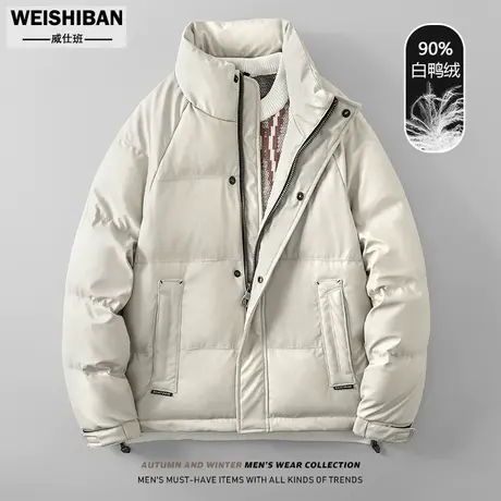 潮流PU皮立领哑面羽绒服男2023新款冬季加厚防寒外套短款保暖皮衣商品大图