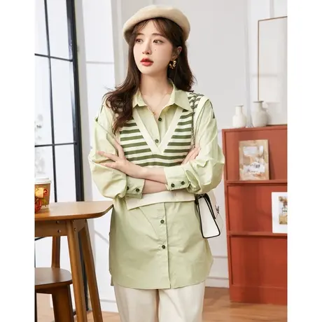 时尚气质假两件衬衫2023年秋季新款淑女温柔翻领宽松显瘦通勤上衣商品大图