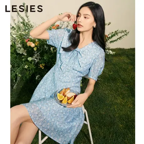 LESIES蓝色倾情夏女碎花圆点短袖蝴蝶结娃娃领雪纺显瘦连衣裙图片