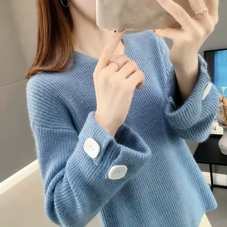 蓝色毛衣女上衣短款打底衫秋装2019年新款宽松外穿套头针织衫外套商品大图