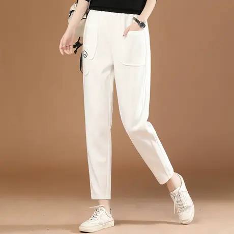 韩潮袭人松紧高腰刺绣运动长裤女春装宽松哈伦白色休闲卫裤子图片